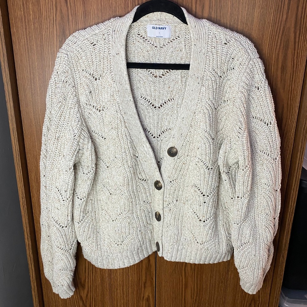 Old Navy Cardigan Sweater Womens Large Cream Oatmeal Pointelle Cable Knit Button